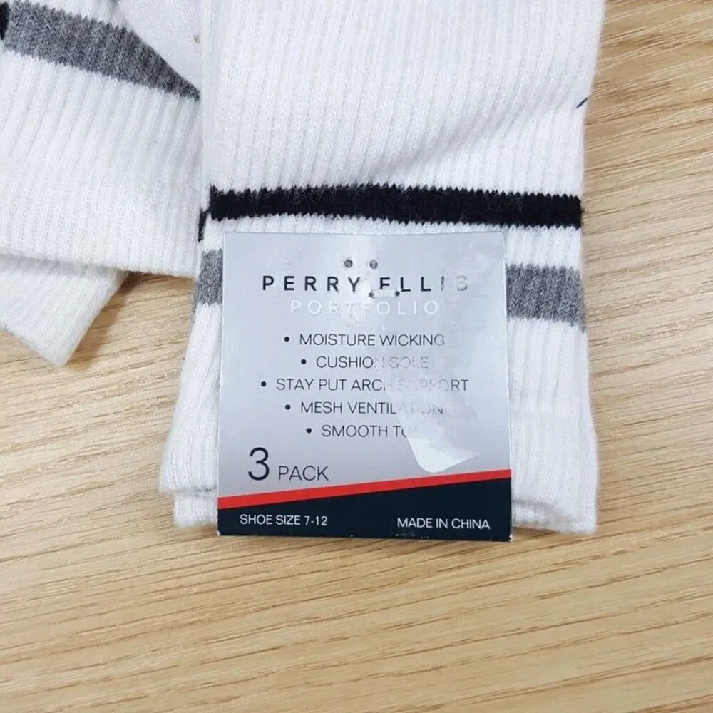 PERRY ELLIS Crew Socks White 3-Pack Moisture Wicking Cushioned Logo